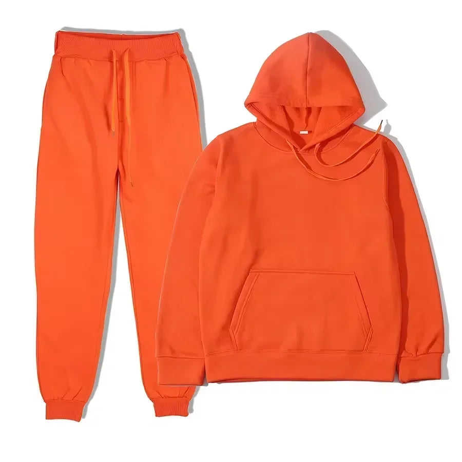 Unisex solid color fleece hoodie and pants two‑piece sports set for autumn and winter orange