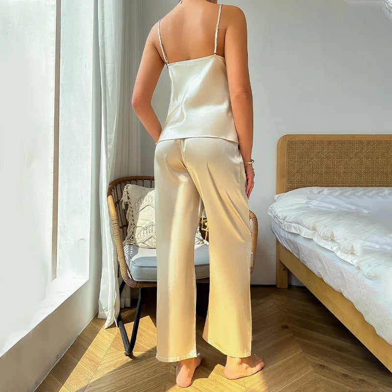 Women's Ice Silk Satin Pajamas Set Spring Summer Thin Sling & Long Pants 2-Piece Fashion Faux Silk Loungewear Home Sleepwear