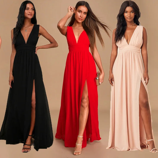 Three women wearing black, red, and beige evening gowns on a beige background