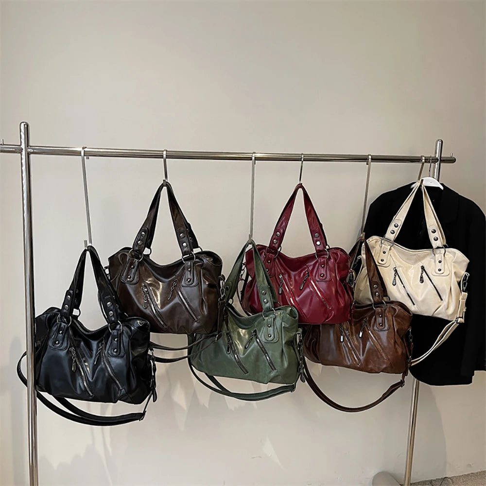 Glossy PU Designed Rivet Zipper One Shoulder Bag Large Capacity Versatile Tote Bags Delicate Soft All-Match Crossbody Packs