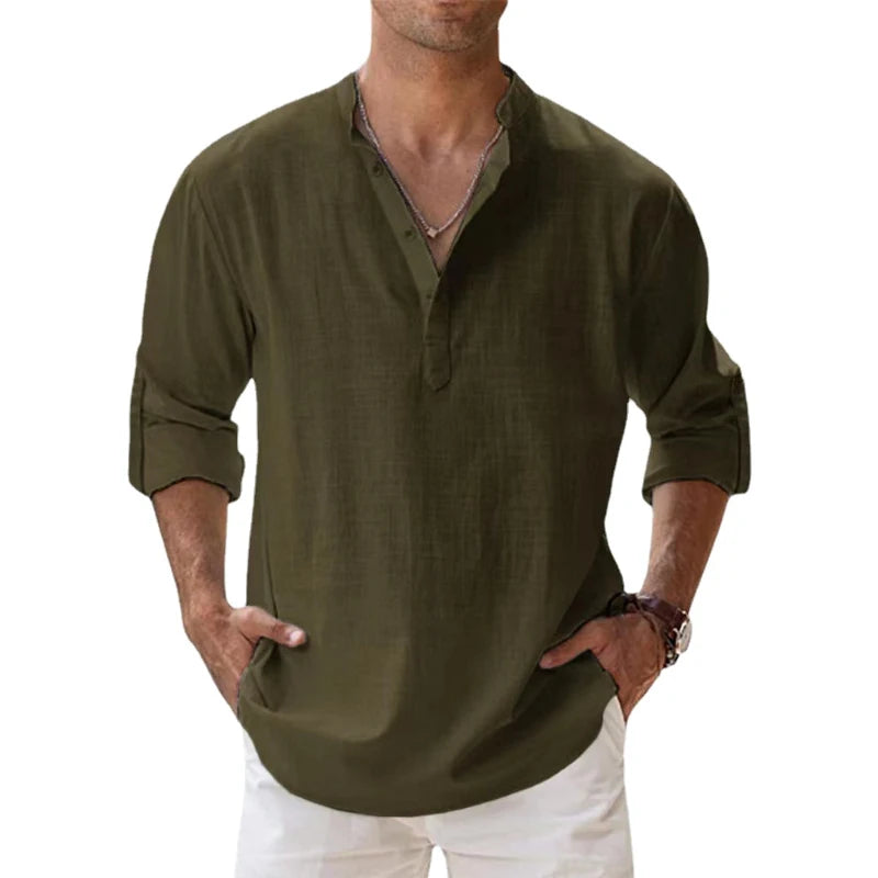 Lightweight men’s long sleeve cotton linen Henley shirt in casual beach style dark green