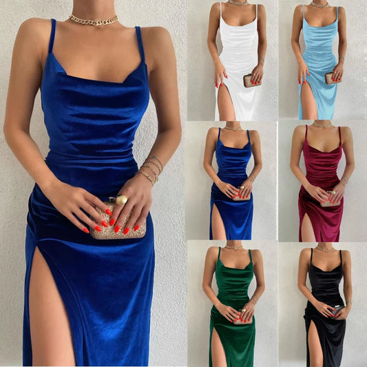 Woman wearing a blue dress with a slit, surrounded by images of dresses in different colors.