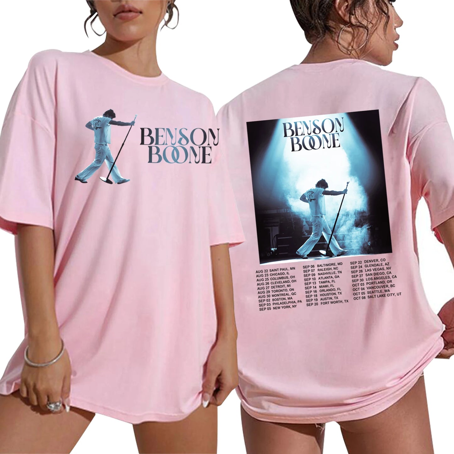 Pink t-shirt with 'Benson Boone' graphic on front and back