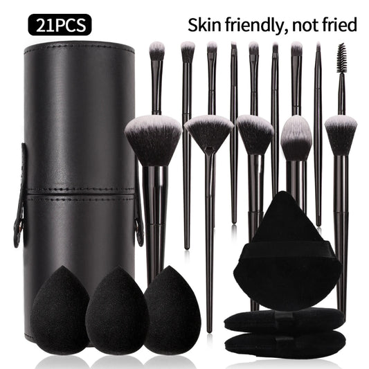 Makeup brush set with black holder and sponges, labeled '21PCS' and 'Skin friendly, not fried'.