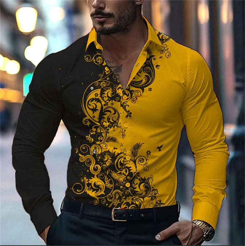 Man wearing a black and yellow patterned shirt with a blurred city street background