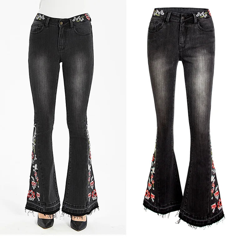 Jeans Flare Pants Women Embroidery Boot Cut Streetwear Mid Waist Floor Length Pockets Washed Distressed Vintage Denims Trousers