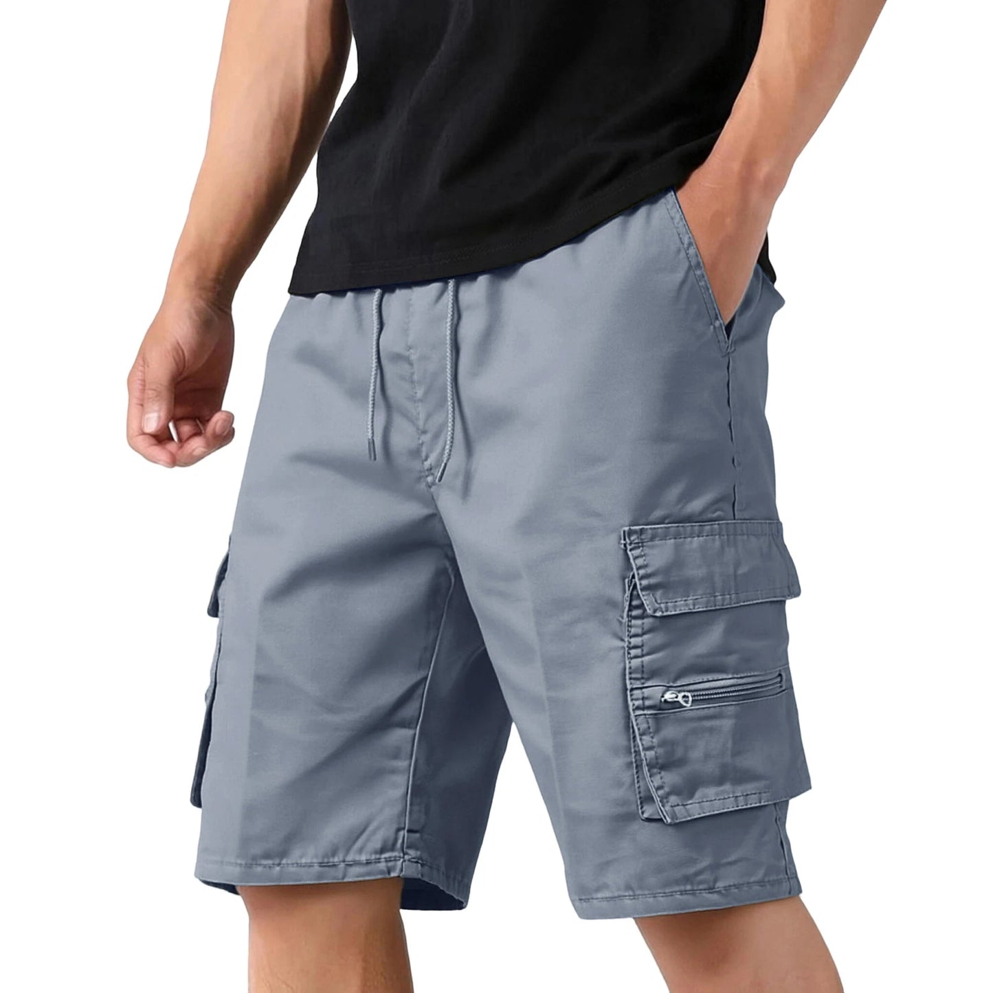 Men'S Casual Cargo Shorts Multi-Pocket Loose Fit Drawstring Waist Summer Outdoor Hiking Shorts Solid Camouflage Color Quick Dry