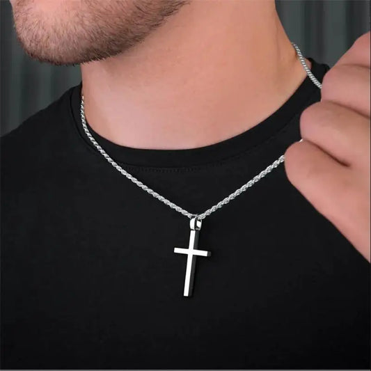 Unisex’s cross pendant necklace with gold plated silver color simple twisted chain, fashionable jewelry for beach or party gift