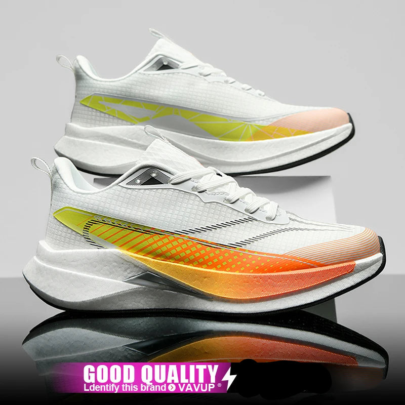 White running shoes with colorful sole on a reflective surface, VAVUP brand visible.