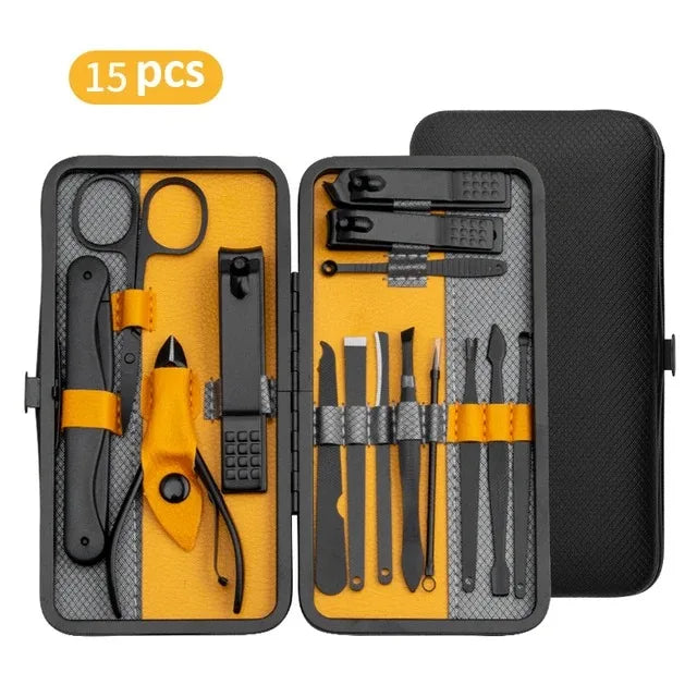 A 25-piece manicure set displayed in an open black case with yellow accents, including various nail clipppers, scissors, and other nail care tools.