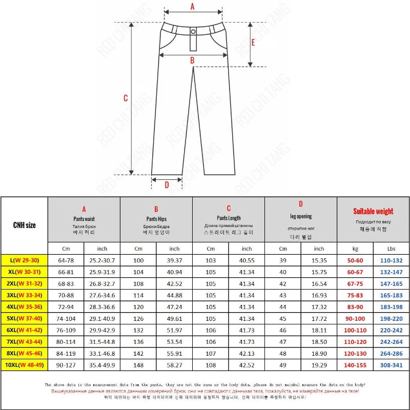 Measurement chart for pants with dimensions and weight capacity.