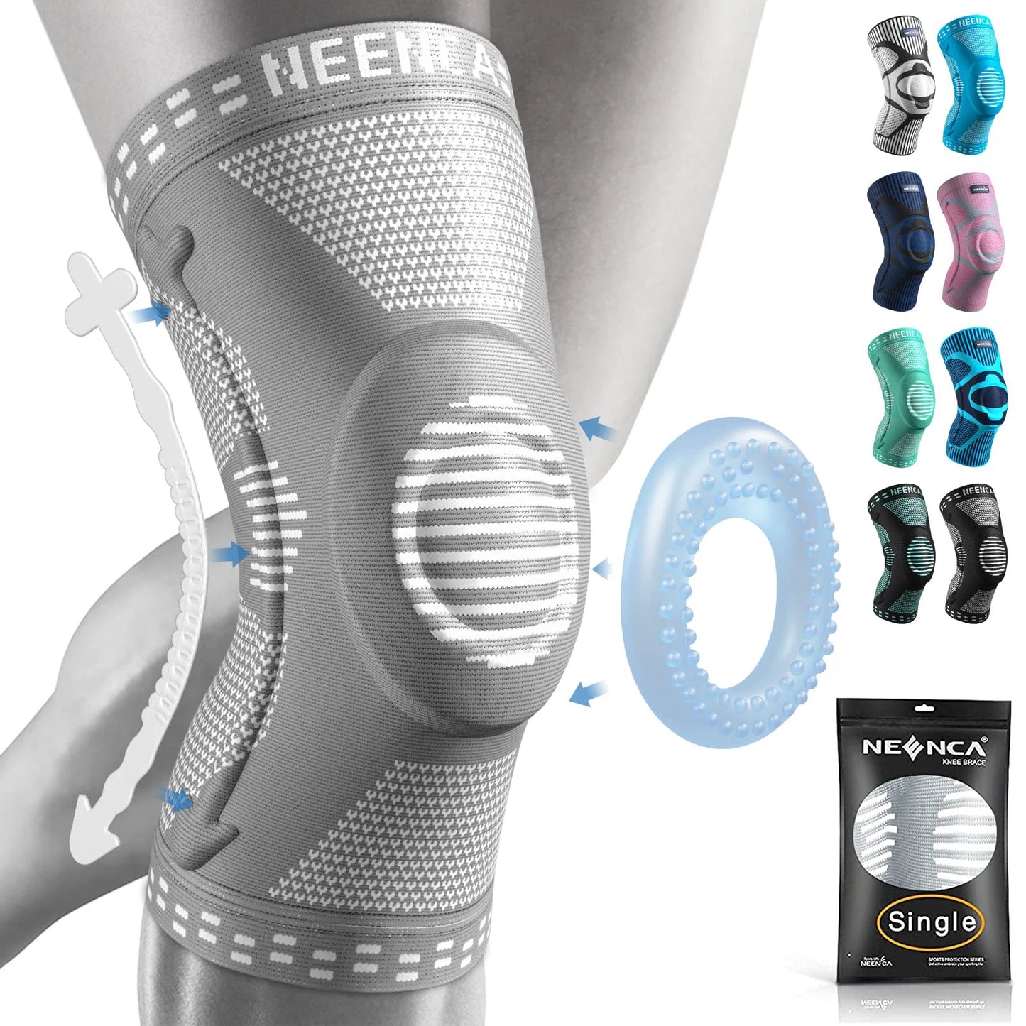 NEENCA compression knee brace sleeve for pain relief, meniscus tear, ACL, arthritis, and joint injury recovery gray