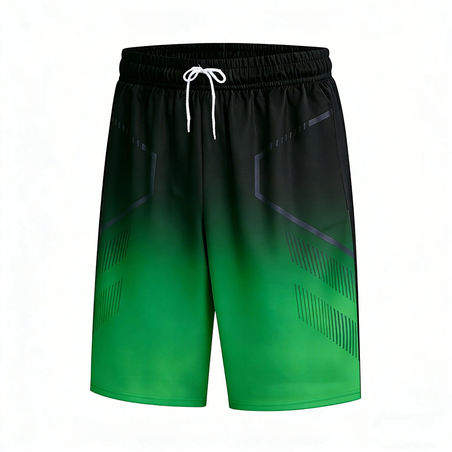 Green and black shorts with a gradient effect on a white background