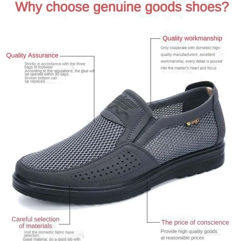 Gray shoe with text highlighting quality assurance, workmanship, materials, and price on a white background