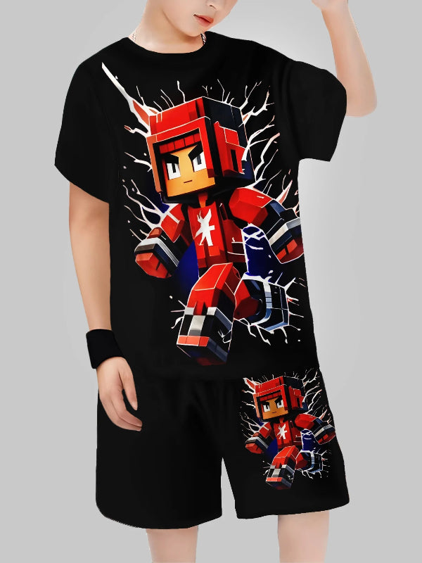 Child wearing a black outfit with a robot graphic on a gray background