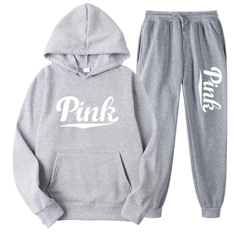 Gray hoodie and jogger set with 'Pink' text on a white background