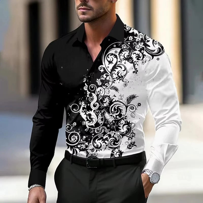 Man wearing a black and white patterned dress shirt with a blurred background