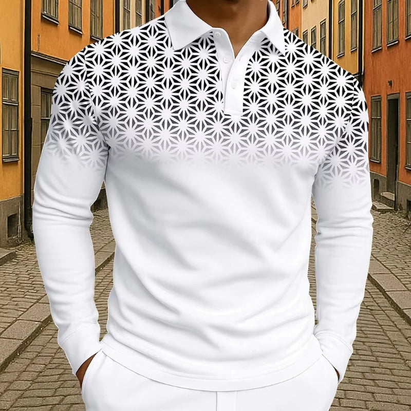 White long-sleeve shirt with geometric pattern on a street background