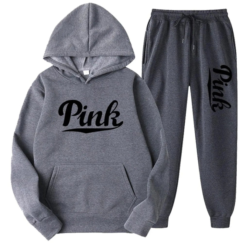 Gray hoodie and jogger set with 'Pink' text on a white background