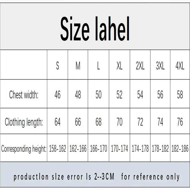 Size label chart for clothing with chest width, clothing length, and corresponding height measurements.