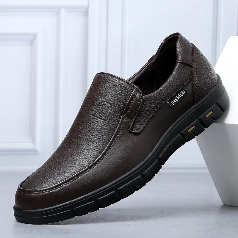 Brown leather shoe with 'Fashion' label on a light background