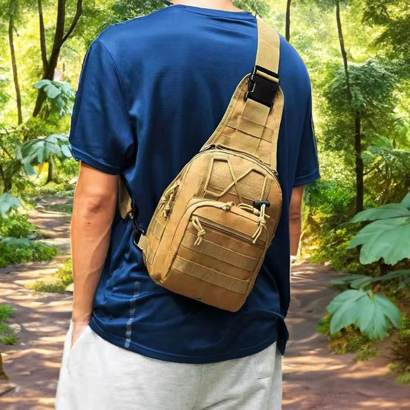 Person wearing a tan sling bag in a forest setting