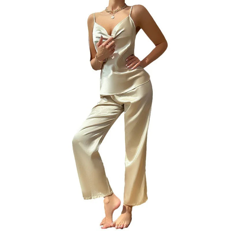 Women's Ice Silk Satin Pajamas Set Spring Summer Thin Sling & Long Pants 2-Piece Fashion Faux Silk Loungewear Home Sleepwear