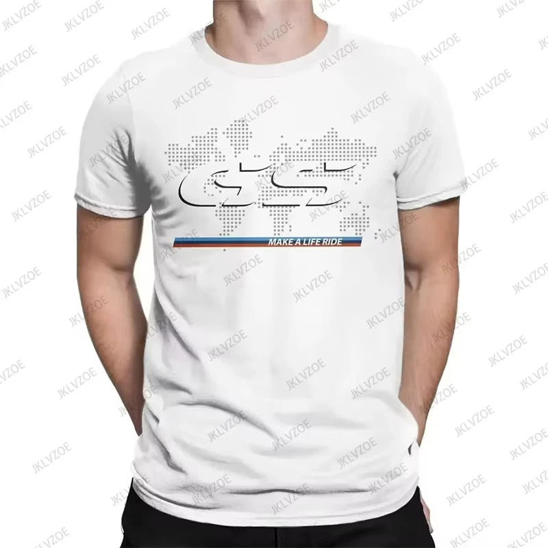 White t-shirt with a logo and text on a white background