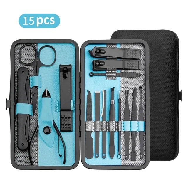A 25-piece manicure set displayed in an open black case with yellow accents, including various nail clipppers, scissors, and other nail care tools.
