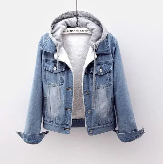 Denim jacket with a gray hoodie on a white background