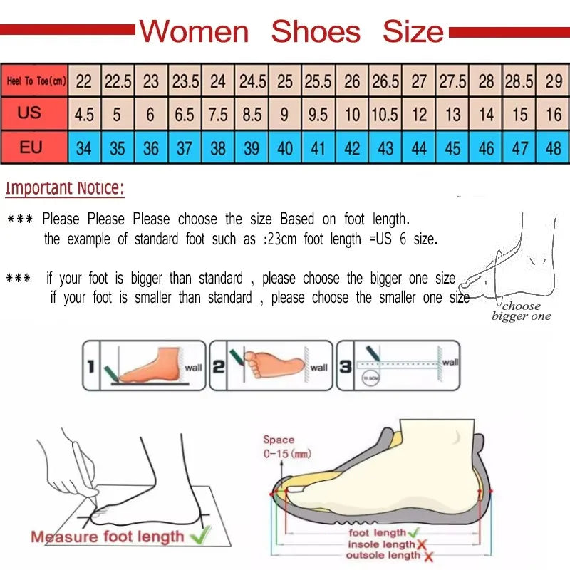 Shoe size chart for women with measurements in both US and EU standards, including important notices and illustrations on measuring foot length.