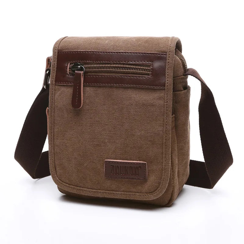 Brown canvas crossbody bag with a visible brand logo on a white background