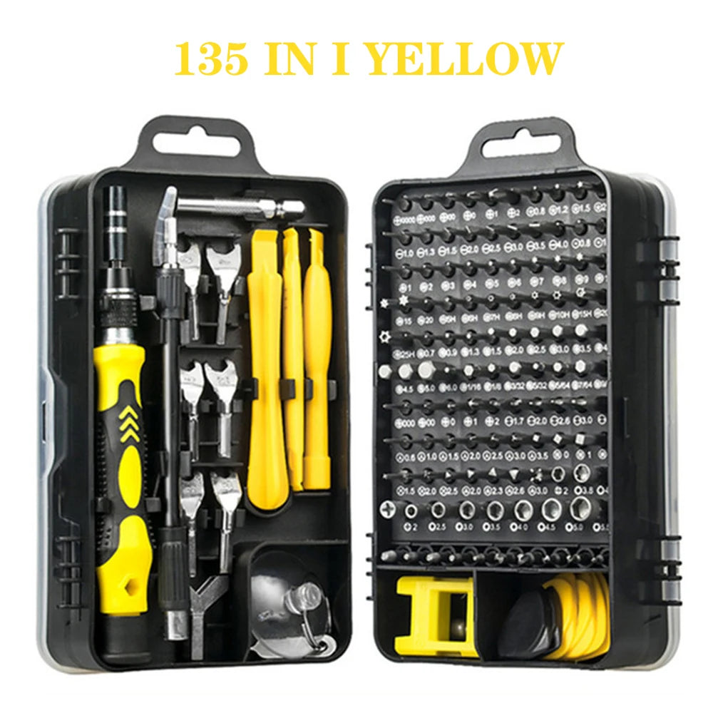 Open tool kit with various tools and bits on a white background