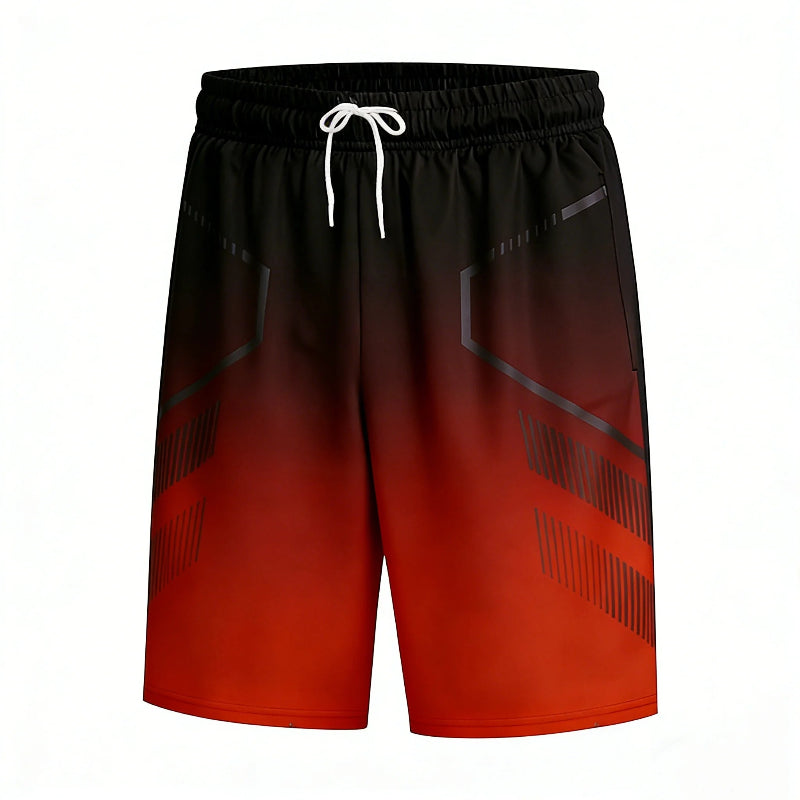 Black and red shorts with a white drawstring on a white background
