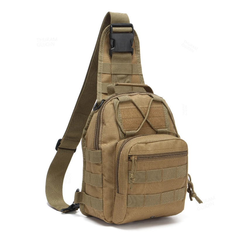 Tan sling bag with multiple pockets and straps on a white background