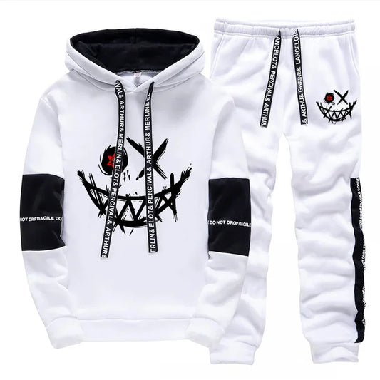 White hoodie and pants set with black designs and text on a white background