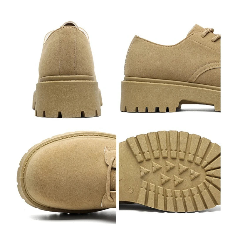 Collage of beige shoes showing different angles and sole details on a white background