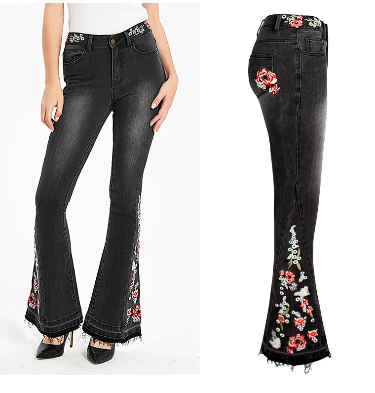 Jeans Flare Pants Women Embroidery Boot Cut Streetwear Mid Waist Floor Length Pockets Washed Distressed Vintage Denims Trousers
