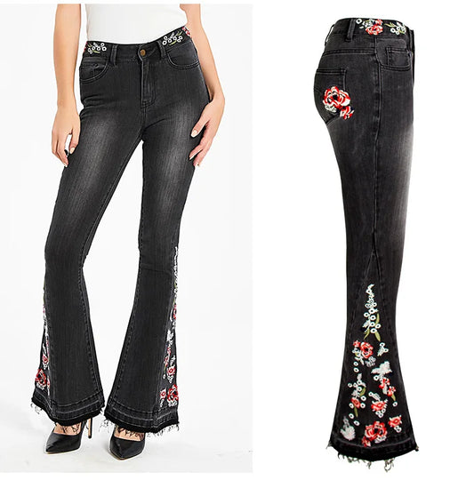 Jeans Flare Pants Women Embroidery Boot Cut Streetwear Mid Waist Floor Length Pockets Washed Distressed Vintage Denims Trousers