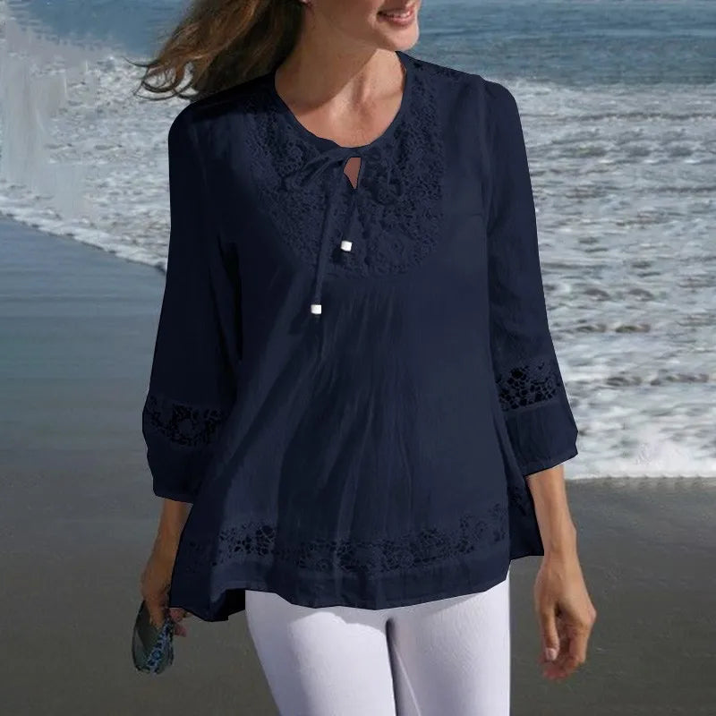 Women’s cotton linen lace blouse loose fit three-quarter sleeve summer top navy