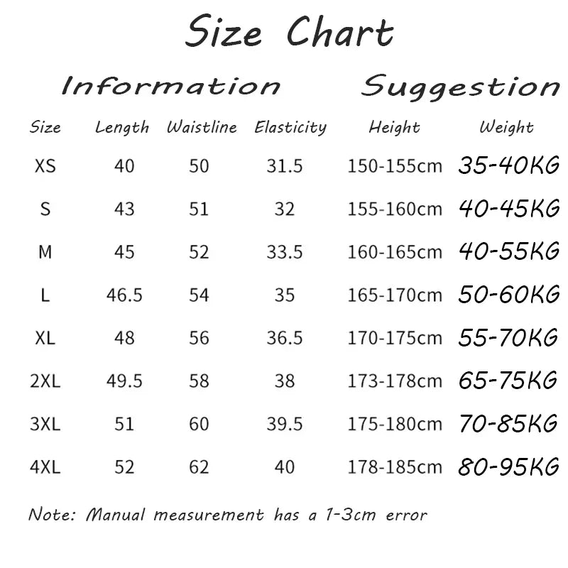 Size chart for clothing with measurements and weight suggestions.