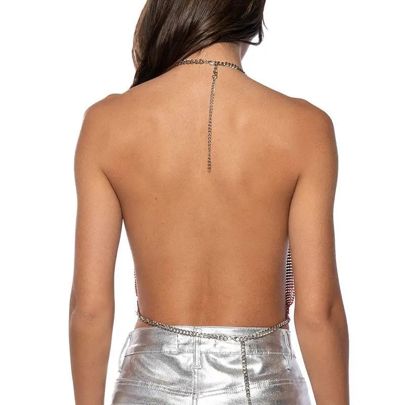 Women’s Metal Sequin V‑Neck Backless Crop Top – Party Tank