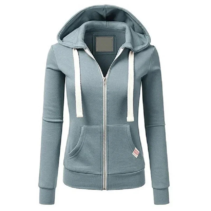 Blue hoodie with a zipper on a white background