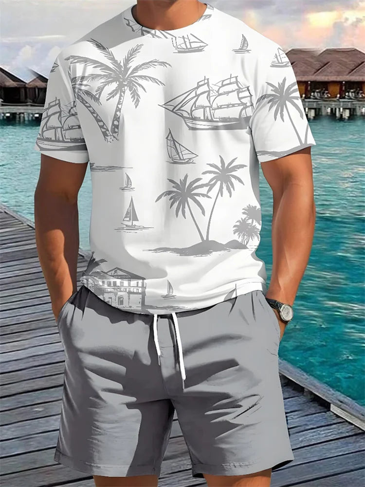 Men's Summer Fashion Casual Loose-Fit Set Plus Size Coconut Grove Print Crew Neck Short Sleeve Drawstring Shorts Two-Piece Set
