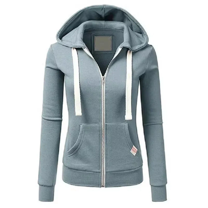 Blue hoodie with a zipper on a white background