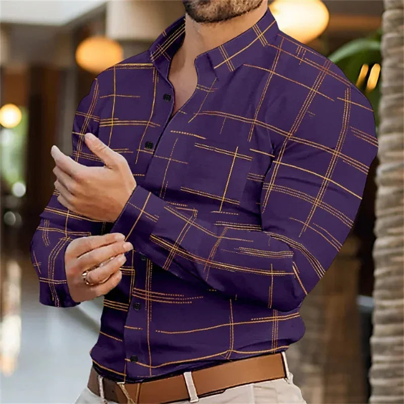 Man wearing a purple checkered shirt with blurred background