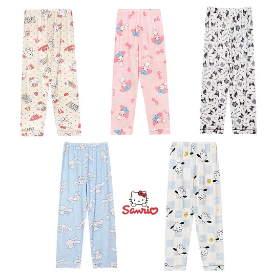 Set of five pairs of pajama pants with various patterns on a white background, featuring the Sanrio logo.