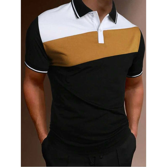Black, white, and brown polo shirt worn by a person on a plain background
