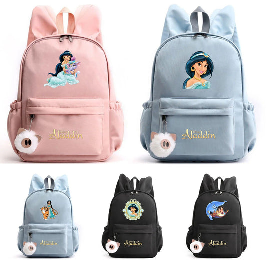 Set of five Aladdin-themed backpacks in different colors with character illustrations.
