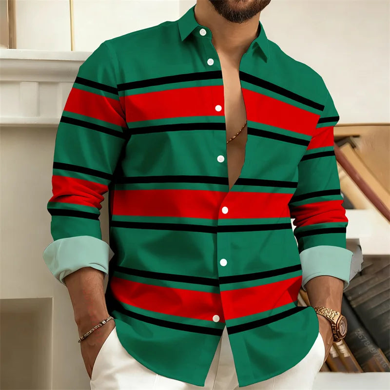 Man wearing a green, red, and black striped shirt with a blurred background